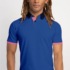 Two Twillory performance polo in blue pink contrast and orange and navy.